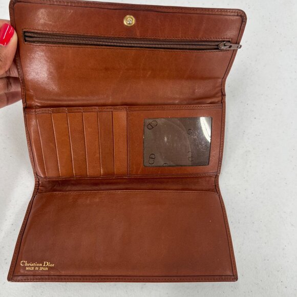 Vtg Christian Dior Herringbone Wallet Clutch Brown Leather Made in Spain - Picture 3 of 14